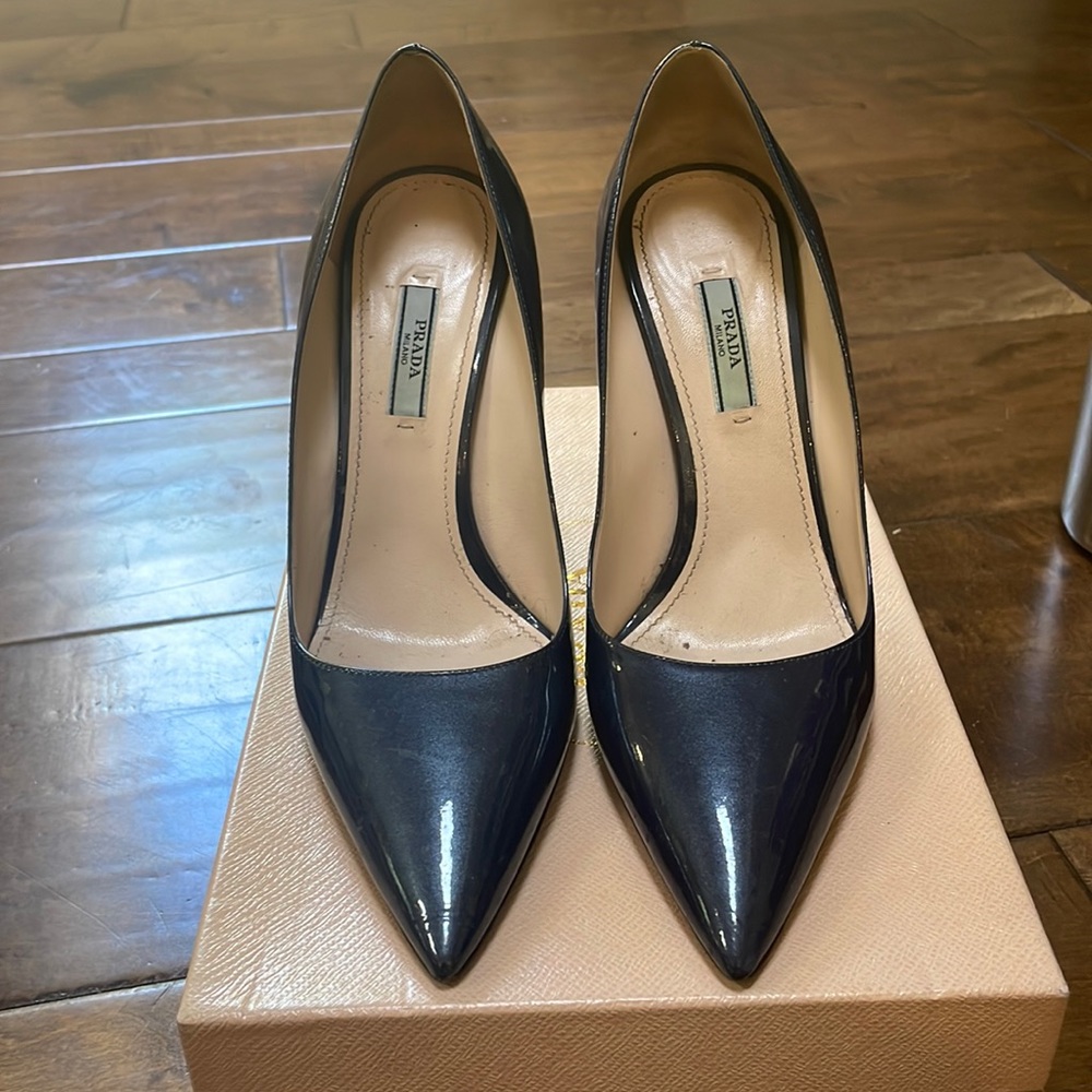 Prada metallic blue pointy heels